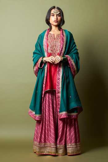Pants And Pajamas_Red Silk, Chanderi Embroidery, Zari Notched Neck Lal Noorani Kurta _Online_at_Aza_Fashions