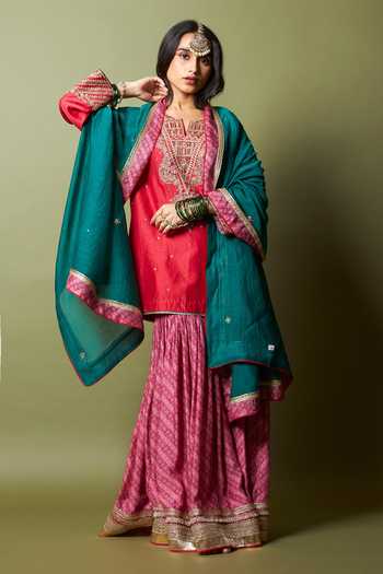 Buy_Pants And Pajamas_Red Silk, Chanderi Embroidery, Zari Notched Neck Lal Noorani Kurta _Online_at_Aza_Fashions