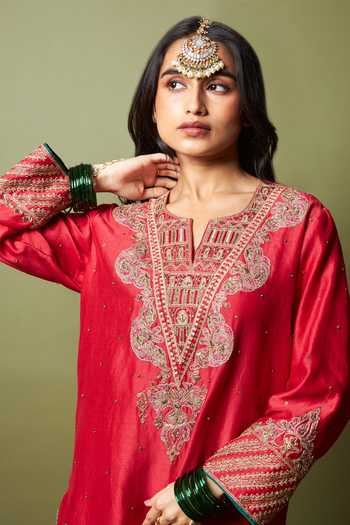 Shop_Pants And Pajamas_Red Silk, Chanderi Embroidery, Zari Notched Neck Lal Noorani Kurta _Online_at_Aza_Fashions