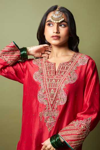 Pants And Pajamas_Pink Silk, Modal Lace Lal Noorani Printed Sharara _Online_at_Aza_Fashions