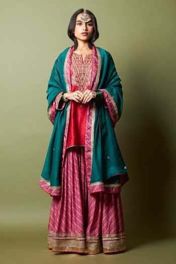 Buy_Pants And Pajamas_Pink Silk, Modal Lace Lal Noorani Printed Sharara _Online_at_Aza_Fashions