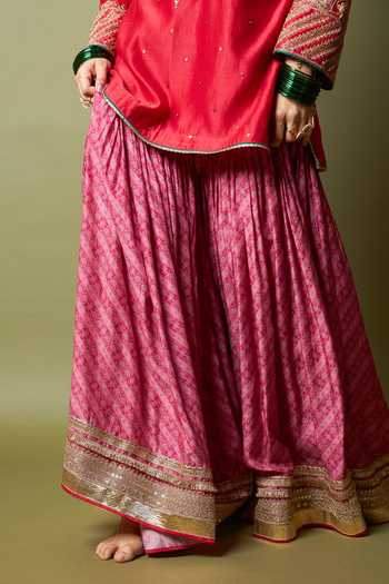 Shop_Pants And Pajamas_Pink Silk, Modal Lace Lal Noorani Printed Sharara _Online_at_Aza_Fashions