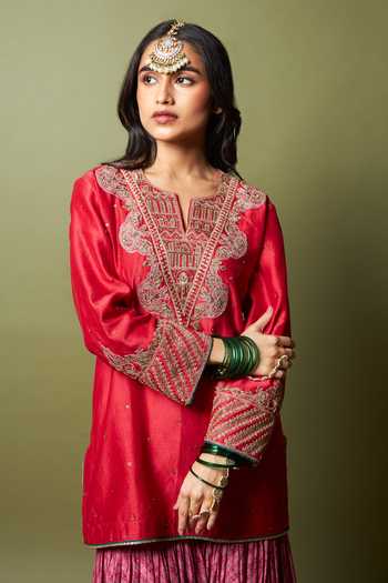 Shop_Pants And Pajamas_Pink Silk, Modal Lace Lal Noorani Printed Sharara 