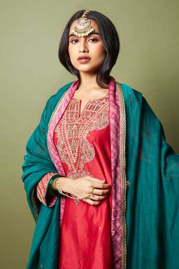 Pants And Pajamas_Green Chanderi Zari, Lace Lal Noorani Embroidered Dupatta _Online_at_Aza_Fashions