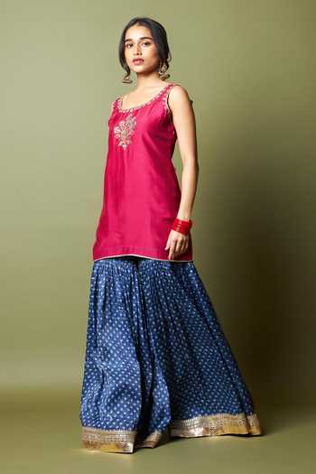 Buy_Pants And Pajamas_Wine Silk, Modal, Chanderi Embroidery, Zari, Lace Round Neel Kiran Kurta Set _Online_at_Aza_Fashions