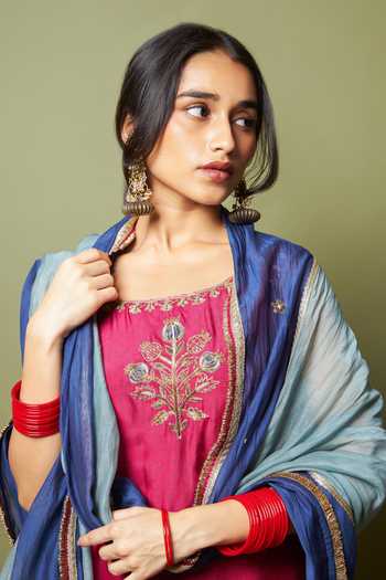 Pants And Pajamas_Wine Silk, Modal, Chanderi Embroidery, Zari, Lace Round Neel Kiran Kurta Set _at_Aza_Fashions