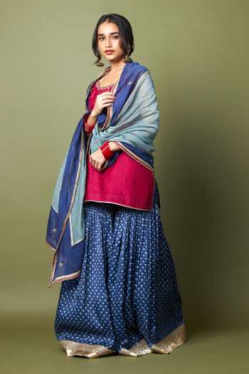 Buy_Pants And Pajamas_Wine Silk, Modal Zari, Embroidery Round Neck Neel Kiran Kurta And Sharara Set _Online_at_Aza_Fashions