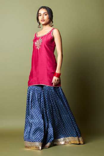 Shop_Pants And Pajamas_Wine Silk, Modal Zari, Embroidery Round Neck Neel Kiran Kurta And Sharara Set _Online_at_Aza_Fashions
