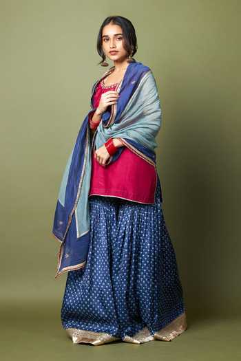 Pants And Pajamas_Blue Silk Zari, Lace Neel Kiran Hand Block Printed Sharara _Online_at_Aza_Fashions