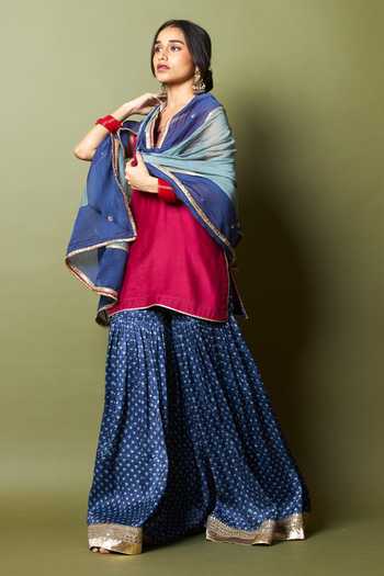 Buy_Pants And Pajamas_Blue Silk Zari, Lace Neel Kiran Hand Block Printed Sharara _Online_at_Aza_Fashions