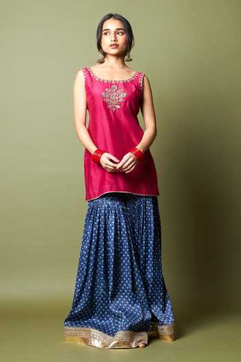 Shop_Pants And Pajamas_Blue Silk Zari, Lace Neel Kiran Hand Block Printed Sharara _Online_at_Aza_Fashions