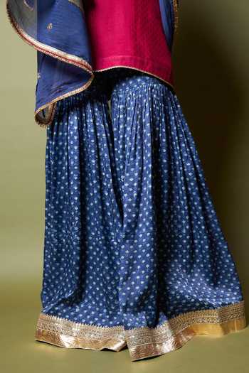 Buy_Pants And Pajamas_Blue Silk Zari, Lace Neel Kiran Hand Block Printed Sharara 