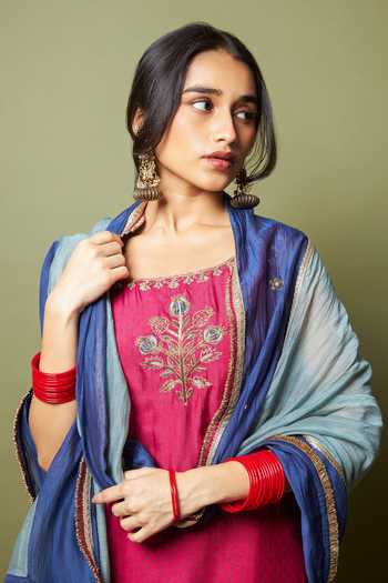 Pants And Pajamas_Blue Chanderi Embroidery, Zari, Lace Neel Kiran Dupatta _Online_at_Aza_Fashions