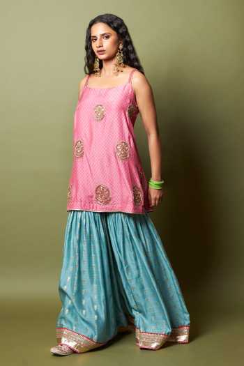 Buy Pants And Pajamas Pink Silk, Modal, Chanderi Embroidery, Lace Firozi Gulab Kurta And Sharara Set Online at Aza Fashions Buy_Pants And Pajamas_Pink Silk, Modal, Chanderi Embroidery, Lace Firozi Gulab Kurta And Sharara Set _Online_at_Aza_Fashions