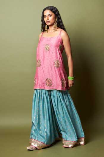Pants And Pajamas_Pink Silk, Modal Embroidery, Zari Square Neck Firozi Gulab Kurta _Online_at_Aza_Fashions