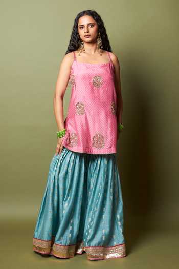 Shop_Pants And Pajamas_Pink Silk, Modal Embroidery, Zari Square Neck Firozi Gulab Kurta _Online_at_Aza_Fashions