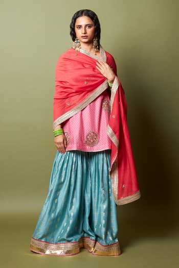 Pants And Pajamas_Blue Silk, Chanderi Zari Firozi Gulab Woven Sharara _Online_at_Aza_Fashions