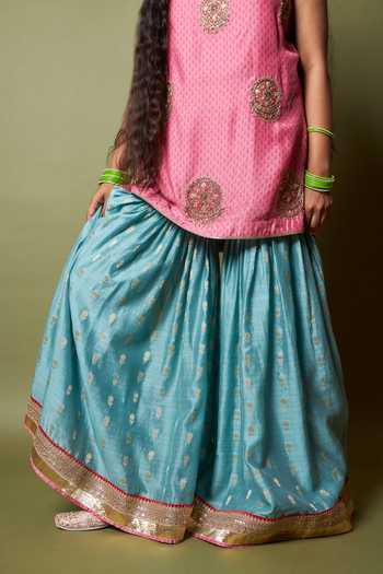 Pants And Pajamas_Blue Silk, Chanderi Zari Firozi Gulab Woven Sharara _at_Aza_Fashions