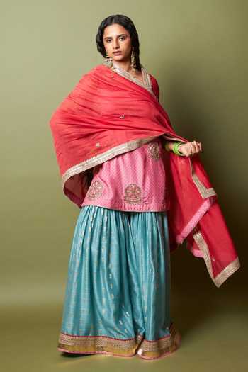 Buy_Pants And Pajamas_Blue Silk, Chanderi Zari Firozi Gulab Woven Sharara 