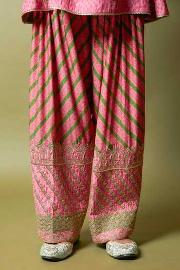 Pants And Pajamas Pink Modal, Silk, Chanderi Embroidery, Zari Round Neck Roshanara Kurta Set at Aza Fashions Pants And Pajamas_Pink Modal, Silk, Chanderi Embroidery, Zari Round Neck Roshanara Kurta Set _at_Aza_Fashions