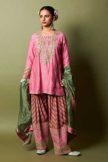Pants And Pajamas Pink Silk, Modal Embroidery, Zari Roshanara Kurta And Salwar Set Online at Aza Fashions Pants And Pajamas_Pink Silk, Modal Embroidery, Zari Roshanara Kurta And Salwar Set _Online_at_Aza_Fashions