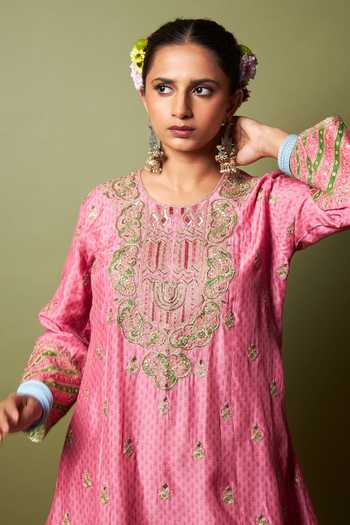 Pants And Pajamas_Pink Silk, Modal Embroidery, Zari Round Neck Roshanara Kurta _Online_at_Aza_Fashions