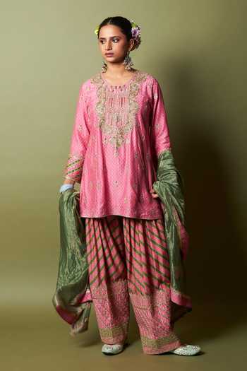Buy_Pants And Pajamas_Pink Silk, Modal Embroidery, Zari Round Neck Roshanara Kurta _Online_at_Aza_Fashions