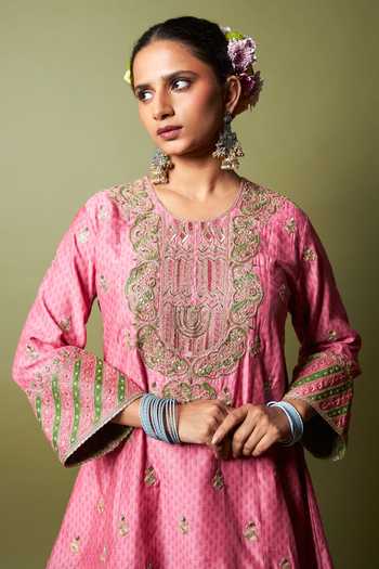 Shop_Pants And Pajamas_Pink Silk, Modal Embroidery, Zari Round Neck Roshanara Kurta _Online_at_Aza_Fashions