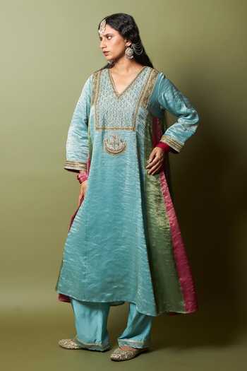 Shop_Pants And Pajamas_Multi Color Chanderi, Silk, Cotton Embroidery, Zari, Lace Firoza Kurta Set _Online_at_Aza_Fashions