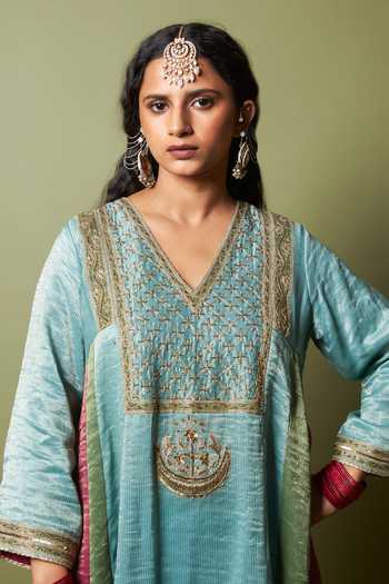 Buy_Pants And Pajamas_Multi Color Chanderi, Silk, Cotton Embroidery, Zari, Lace Firoza Kurta Set 