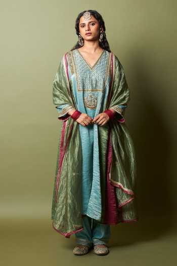 Buy_Pants And Pajamas_Multi Color Chanderi, Silk, Cotton Embroidery, Zari Firoza Kurta And Pant Set _Online_at_Aza_Fashions