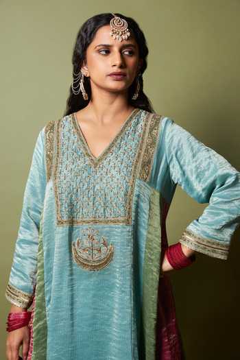 Buy_Pants And Pajamas_Multi Color Chanderi, Silk, Cotton Embroidery, Zari Firoza Kurta And Pant Set 