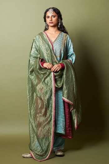 Pants And Pajamas_Multi Color Chanderi Embroidery, Zari V-neck Firoza Kurta _Online_at_Aza_Fashions