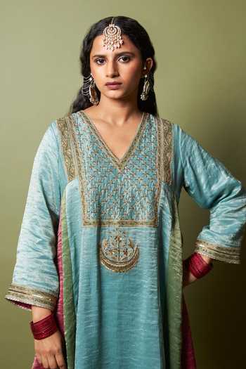 Buy_Pants And Pajamas_Multi Color Chanderi Embroidery, Zari V-neck Firoza Kurta _Online_at_Aza_Fashions
