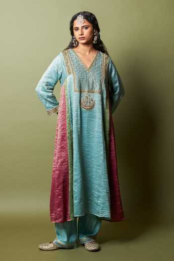 Buy_Pants And Pajamas_Blue Silk, Cotton Embroidery Firoza Pant _Online_at_Aza_Fashions