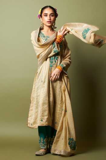 Shop_Pants And Pajamas_Cream Chanderi, Silk, Cotton Embroidery Round Neck Moti Kurta Set _Online_at_Aza_Fashions