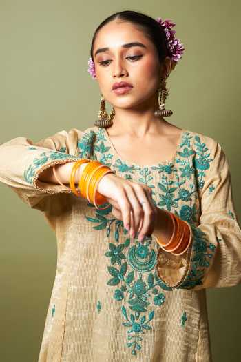 Pants And Pajamas_Cream Chanderi, Silk, Cotton Embroidery Round Neck Moti Kurta Set _at_Aza_Fashions