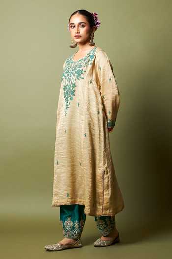 Pants And Pajamas_Cream Chanderi, Silk, Cotton Embroidery, Zari Round Neck Moti Kurta And Pant Set _Online_at_Aza_Fashions