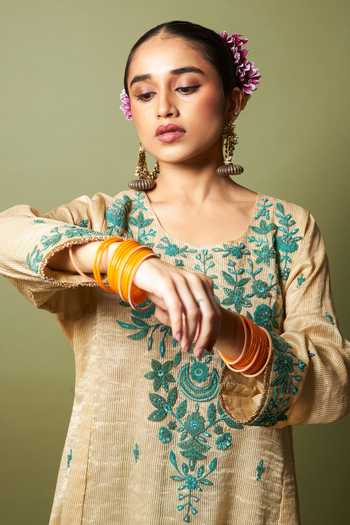 Shop_Pants And Pajamas_Cream Chanderi, Silk, Cotton Embroidery, Zari Round Neck Moti Kurta And Pant Set _Online_at_Aza_Fashions