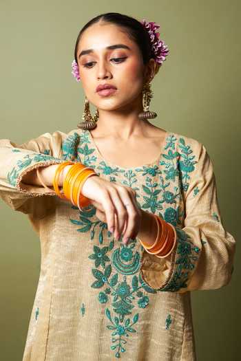 Pants And Pajamas_Cream Chanderi Embroidery, Zari Round Neck, Yes Moti Kurta _Online_at_Aza_Fashions