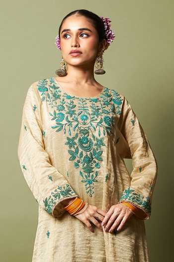 Buy_Pants And Pajamas_Cream Chanderi Embroidery, Zari Round Neck, Yes Moti Kurta _Online_at_Aza_Fashions