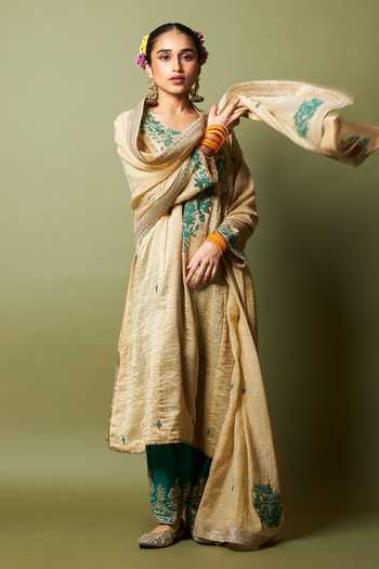 Buy_Pants And Pajamas_Green Silk, Cotton Embroidery Chand Moti Salwar _Online_at_Aza_Fashions