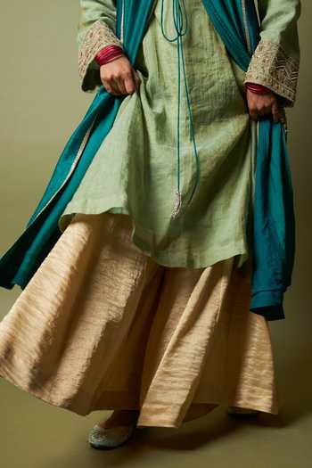 Pants And Pajamas_Green Chanderi, Silk Embroidery, Zardozi, Zari Noor-e-manik Jacket And Kurta Set _Online_at_Aza_Fashions