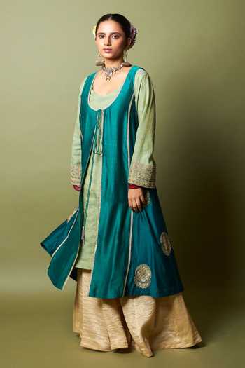 Shop_Pants And Pajamas_Green Chanderi Embroidery, Zari, Lace Round Noor-e-manik Kurta And Sharara Set _Online_at_Aza_Fashions