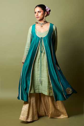 Pants And Pajamas_Green Silk, Chanderi Embroidery, Zari, Lace Open Neck Noor-e-manik Jacket _Online_at_Aza_Fashions