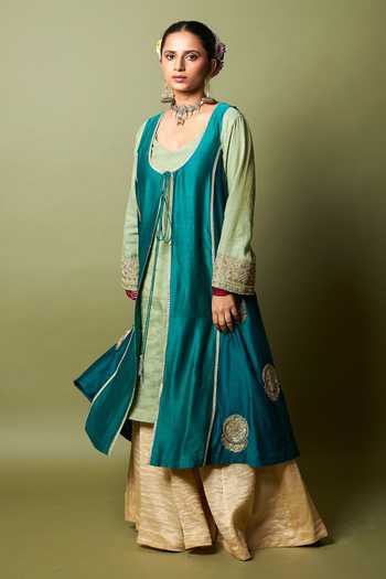 Buy_Pants And Pajamas_Green Silk, Chanderi Embroidery, Zari, Lace Open Neck Noor-e-manik Jacket _Online_at_Aza_Fashions