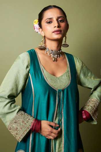 Shop_Pants And Pajamas_Green Silk, Chanderi Embroidery, Zari, Lace Open Neck Noor-e-manik Jacket _Online_at_Aza_Fashions