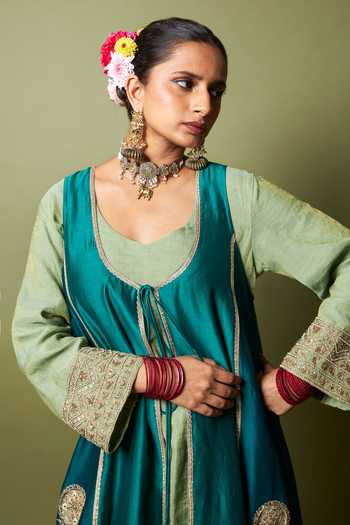 Pants And Pajamas_Green Silk, Chanderi Embroidery, Zari, Lace Open Neck Noor-e-manik Jacket _at_Aza_Fashions