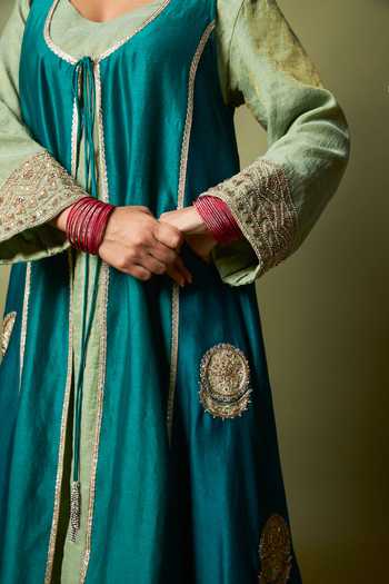 Buy_Pants And Pajamas_Green Silk, Chanderi Embroidery, Zari, Lace Open Neck Noor-e-manik Jacket 
