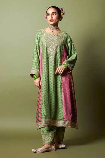 Pants And Pajamas_Multi Color Silk, Modal, Chanderi Embroidery, Zari, Lace Round Zewara Kurta Set _Online_at_Aza_Fashions